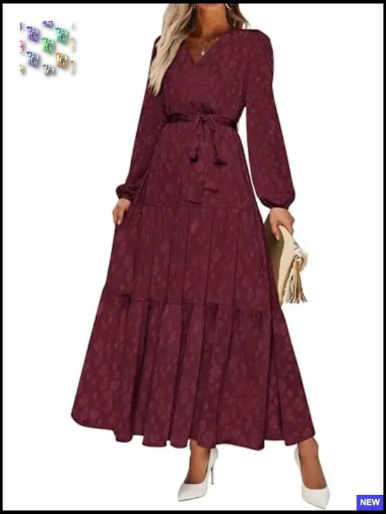 Long Sleeve Wrap V Neck Floral Maxi Dress Boho Chiffon Flowy Tie Waist - Picture 2 of 7